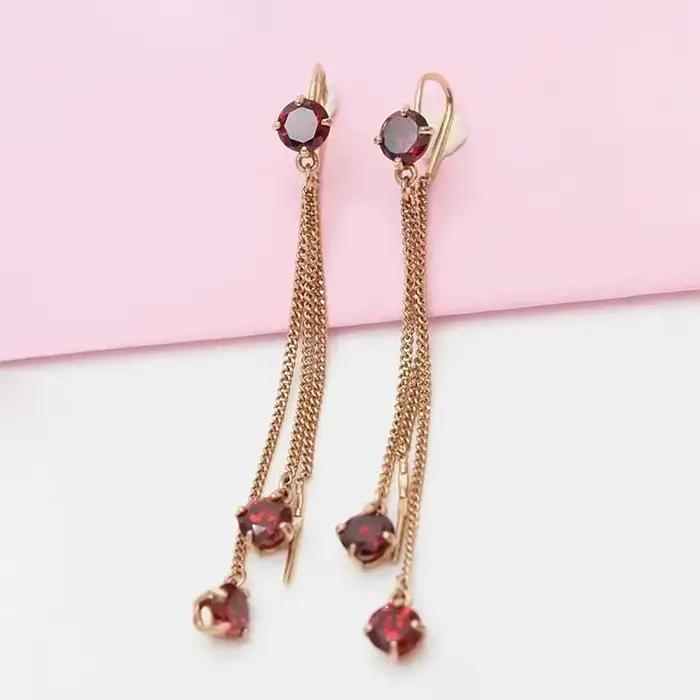Boucles d'oreilles pompon gemme rouge incrusté d'or rose 14 carats pour femme, bijoux longs plaqués