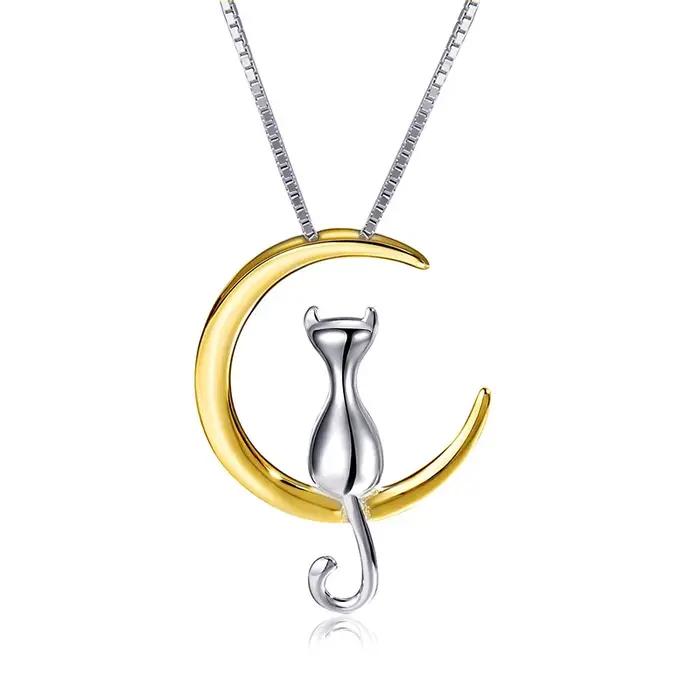 Collier le chat sur la lune en argent Sterling 925 pour femmes