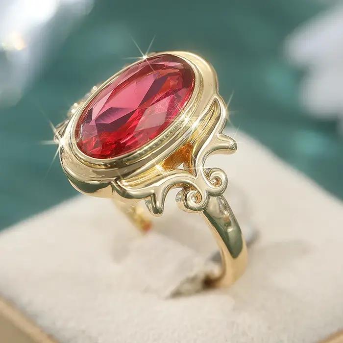 Bague vintage magnifique incrustée de rubis synthétiques ovales plaquée or pour femme