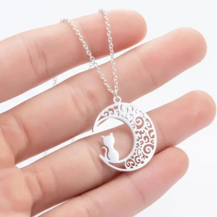 Collier pendentif chat lune pour femmes et filles