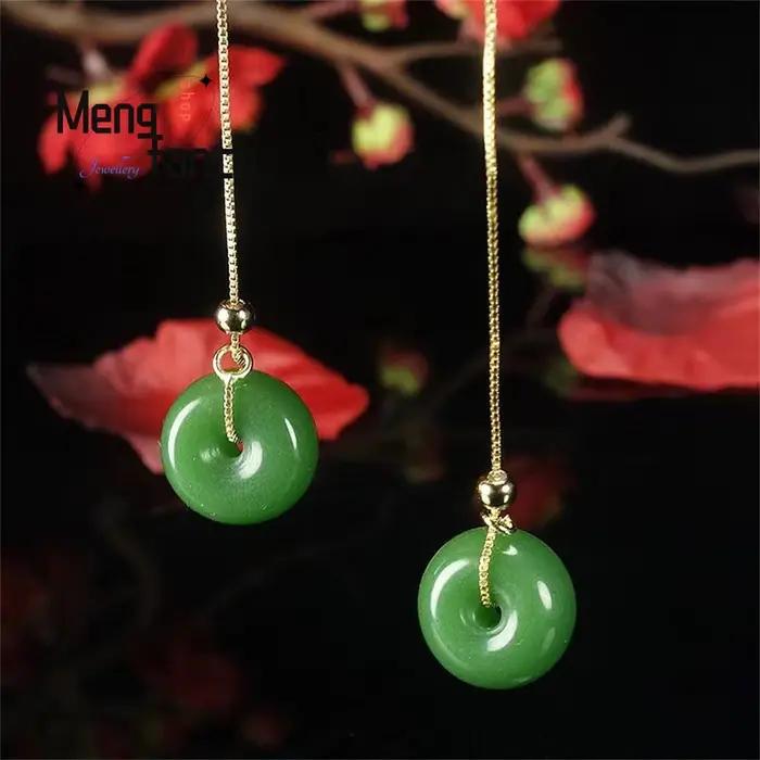 Boucles d'oreilles en jaspe de Jade blanc Hetian naturel, breloques, bijoux fins à la mode, en argen