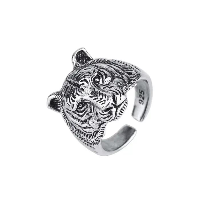 Bagues réglables en forme de tigre en argent Sterling 925 pour femmes et hommes