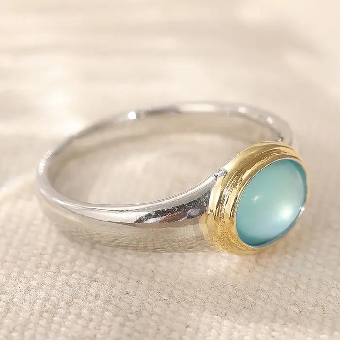 Bague élégante pour femme avec pierre bleue marine tendance bicolore bague de cocktail pour usage quotidien bijoux de fête cadeau d'anniversaire