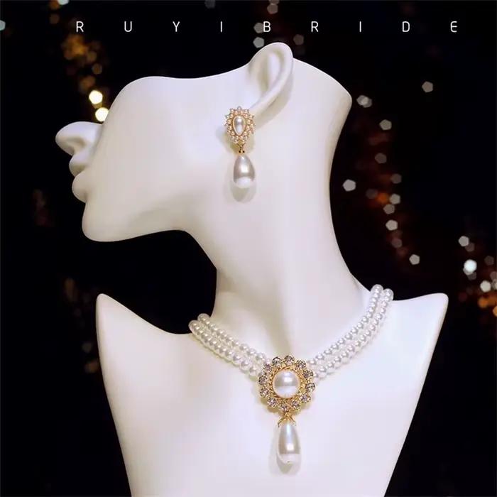 SHMIK élégant Vintage palais plein perle pendentif collier chaînes boucles d'oreilles pour femmes dame classique exquis