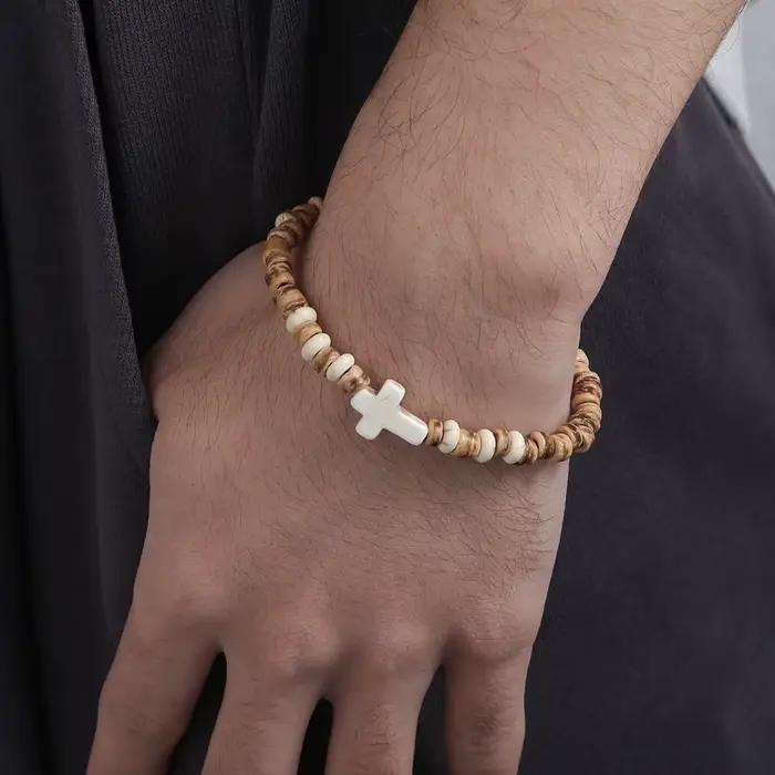 Bracelet bohème en coquille de noix de coco pour hommes, copeaux de bois, croix, rétro, fait à la main, bijoux en perles, accessoires de mode, cadeaux