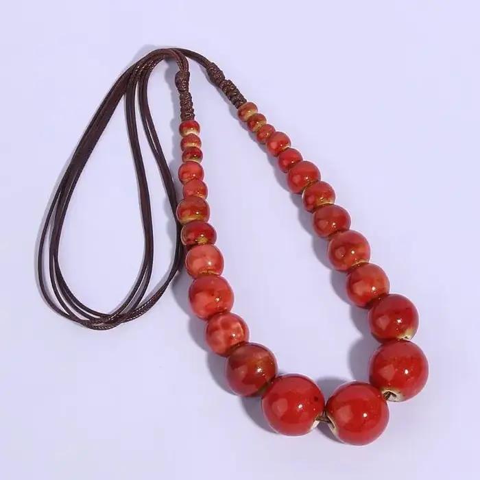 Grand collier de perles en céramique Vintage pour femmes, fait à la main, Long et réglable, bijoux de Style ethnique Boho