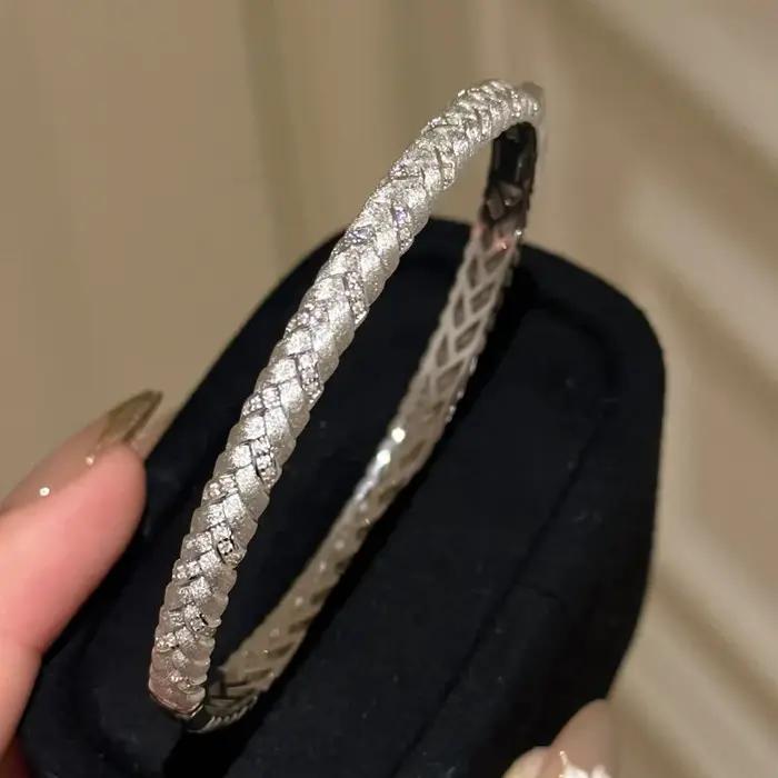 Bracelet tissé brossé de style doux vintage pour femme, argent 925, diamants incrustés, bracelets ex