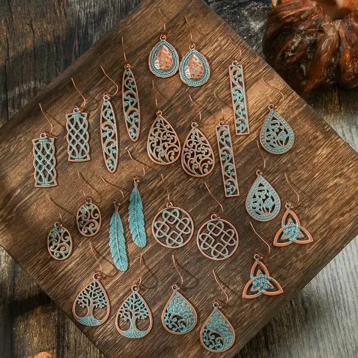 Boucles d'oreilles creuses ethniques pour femmes, boucles d'oreilles en métal bronze antique, boucles d'oreilles en forme d'arbre géométrique, boucles d'oreilles rondes, bijoux indiens, nouveau