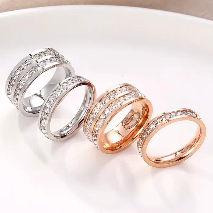 Bague de Luxe en Acier Inoxydable Or Rose Double Rangée Zircon Fiançailles Mariage Bijou Femme Occasions Spéciales