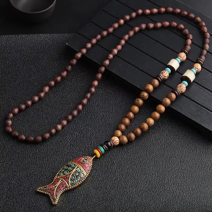 14 nouveau collier ethnique fait à la main du népal bouddhiste Mala perles de bois pendentif