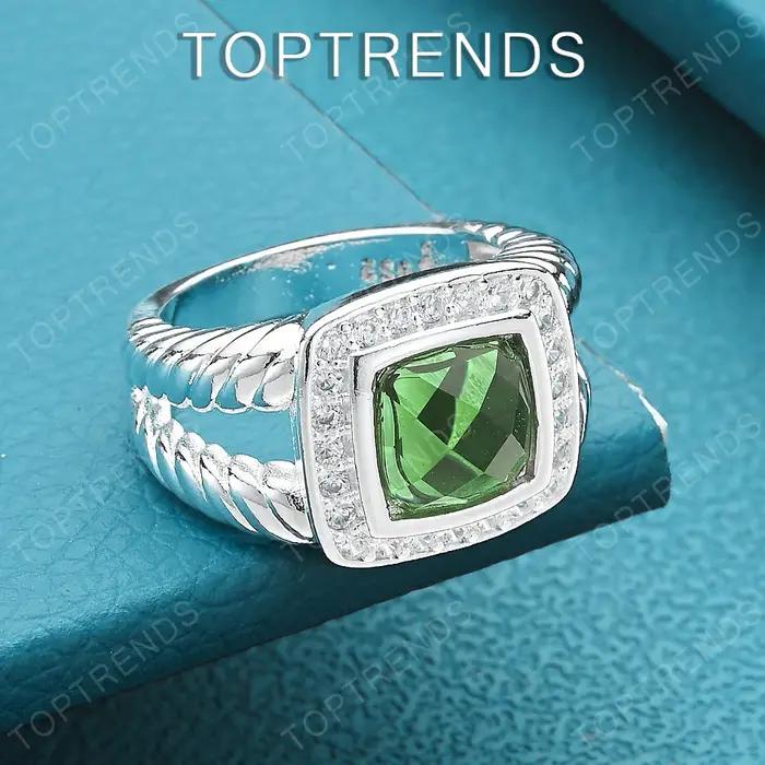 Magnifique bague carrée en argent Sterling 925 avec zircone émeraude