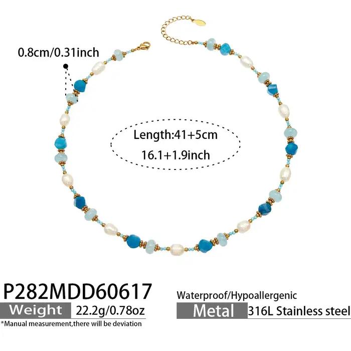Colliers faits à la main avec perles d'eau douce, perles de pierre bleues facettées, collier pour femmes, plaqué or 18 carats, acier inoxydable