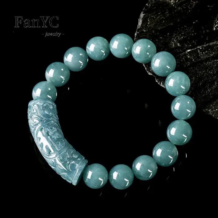 Véritable jadéite naturelle bleu eau 'Fu' personnage incurvé Bracelet glace-Type jadéite unisexe Vin