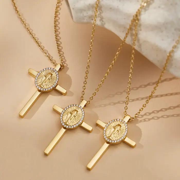 Liora Vintage Religion croix pendentif collier pour femmes hommes couleur or chaîne en acier inoxydable cubique zircone tour de cou bijoux de fête