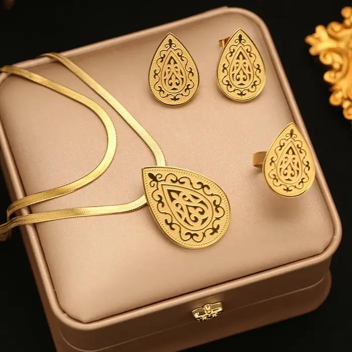 EILIECK Ensemble collier, boucles d'oreilles et bague motif goutte d'eau vintage, plaqué PVD 18 cara