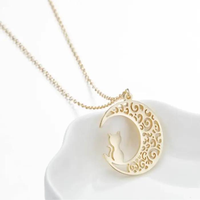 Collier pendentif chat lune pour femmes et filles