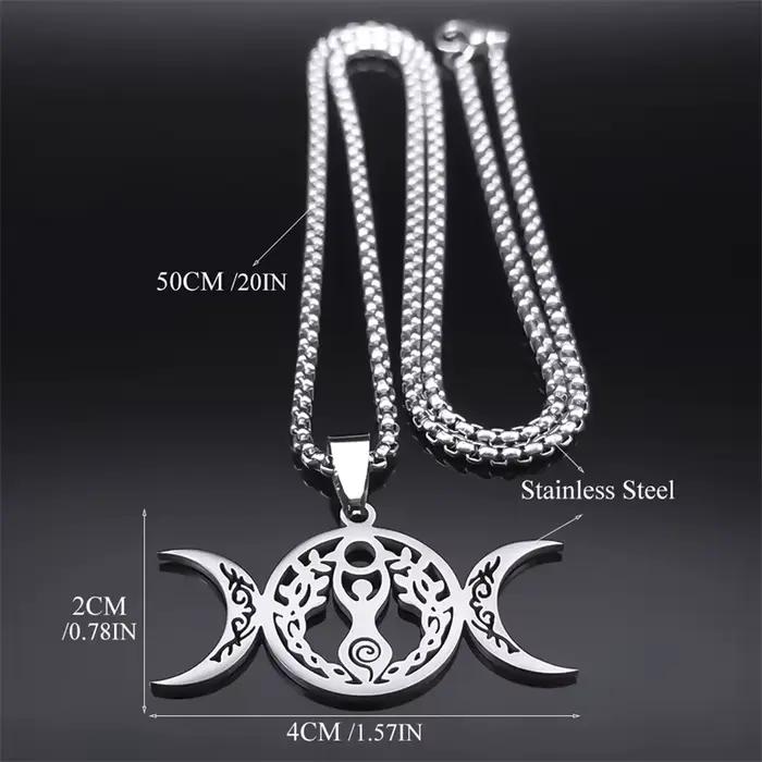 Sorcière Triple lune déesse Luna collier pour femmes hommes acier inoxydable couleur argent amulette Hecate chaîne