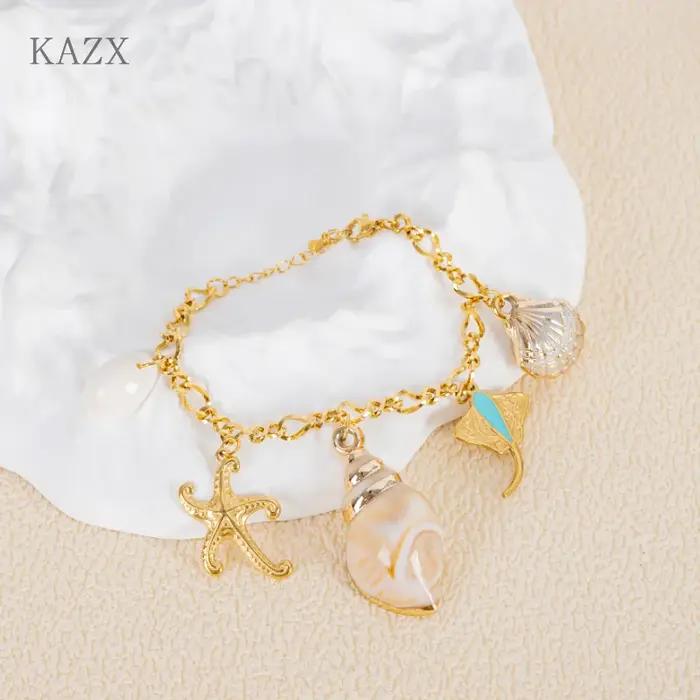 Bracelet Bohème de Plage en Acier Inoxydable avec Coquillages, Étoiles de Mer et Raies – Bijou Tenda