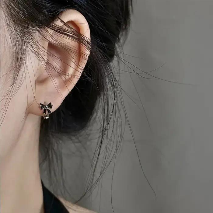 Boucles d'oreilles à nœud noir en argent Sterling 925 véritable pour femmes