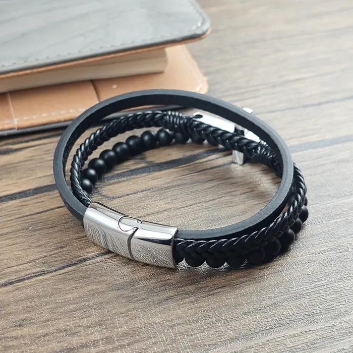 Bracelet croisé en cuir tressé multicouche pour homme