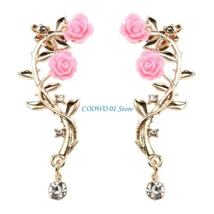 Boucle d'oreille Rose F19D, manchette élégante, fleur, Piercing, pour femmes, cadeau