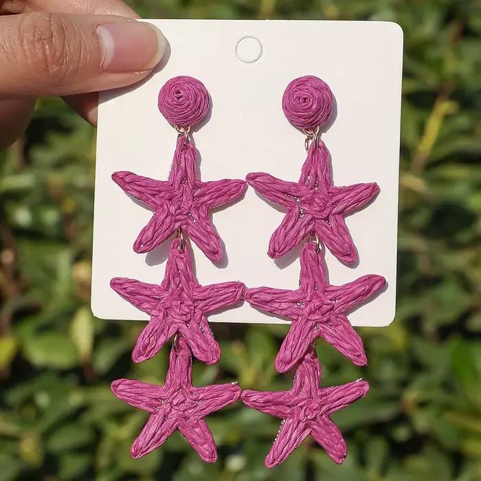 Boucles doreilles suspendues en raphia étoile de mer pour femmes mode géométrique été océan tricoté rotin six couleurs occassions spéciales et quotidiennes