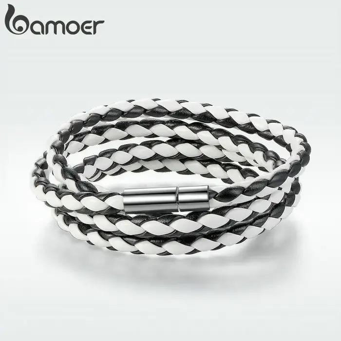 BAMOER Bracelet en cuir PU multicouche tressé longue chaîne boucle magnétique réglable unisexe pour femmes et hommes bijoux empilables