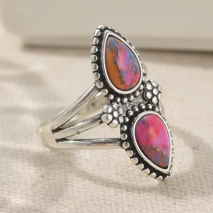Bague en turquoise synthétique en forme de goutte d'eau de style bohème pour femme, bijoux vintage exquis pour banquets et vacances, accessoires artisanaux
