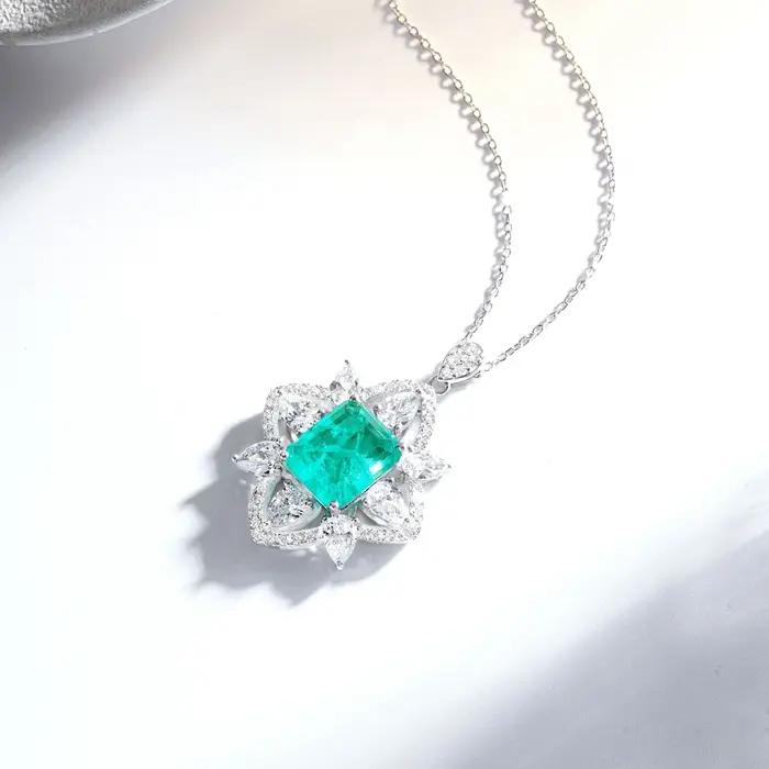 Vinregem émeraude Paraiba Tourmaline haute teneur en carbone diamant gemmes pendentif colliers solide 925 en argent Sterling bijoux fins en gros