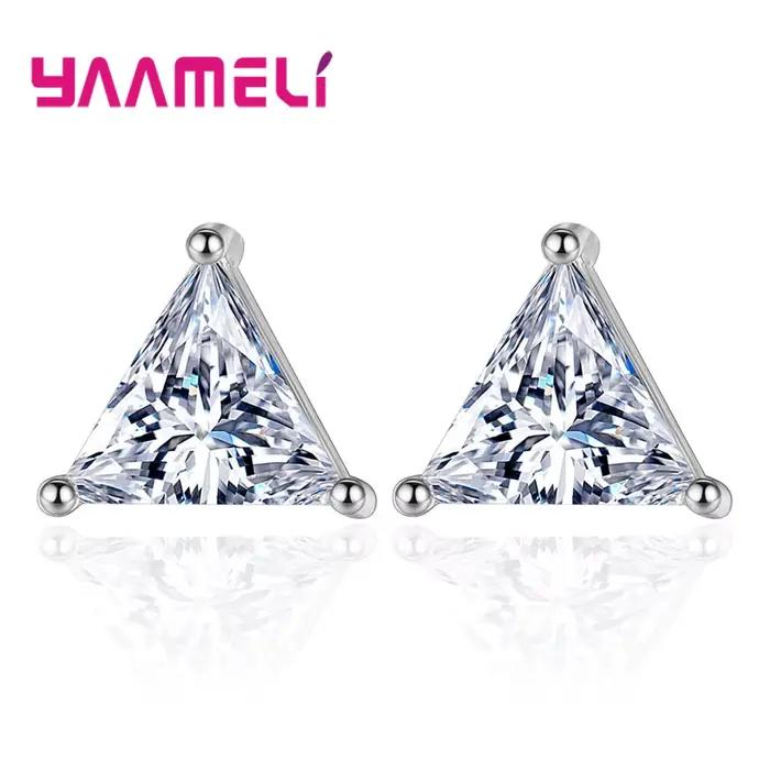Boucles d'oreilles en argent Sterling 925 pur, Triangle clair, cristal, Zircon cubique, pour femmes et filles, bijoux à la mode pour fête de mariage, cadeaux