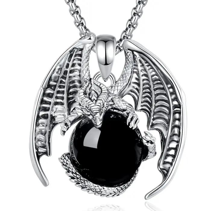Pendentif obsidienne dragon punk avec chaîne en acier inoxydable pour femme et homme, bijou énergétique à offrir pour occasions spéciales