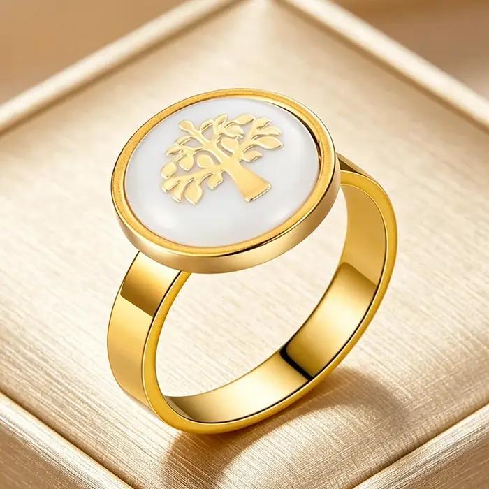 Bague Arbre de Vie en acier inoxydable avec motif d'arbre et émail blanc pour femmes, alliance de mariage, cadeau d'anniversaire, bijou tendance pour toutes les occasions