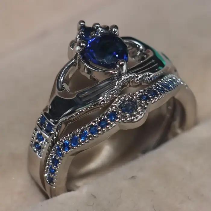 Ensemble de bagues Claddagh en saphir de laboratoire Queen Heart, or blanc 10 carats, bagues de fiançailles et de mariage pour femmes, bijoux cadeau