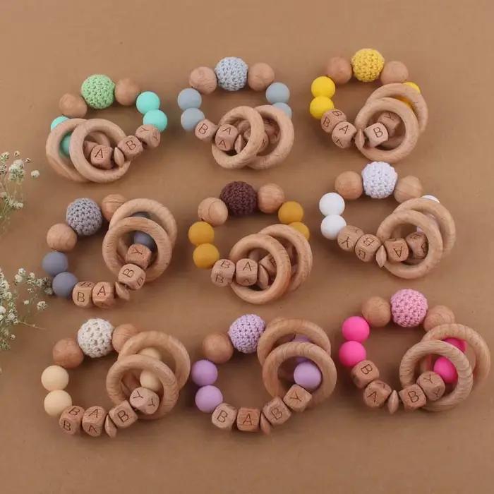 Bracelet de dentition pour bébé, fait à la main, nom personnalisé gratuit, artisanat en bois, perle gravée, perles en Silicone de qualité alimentaire, pendentif Animal en bois