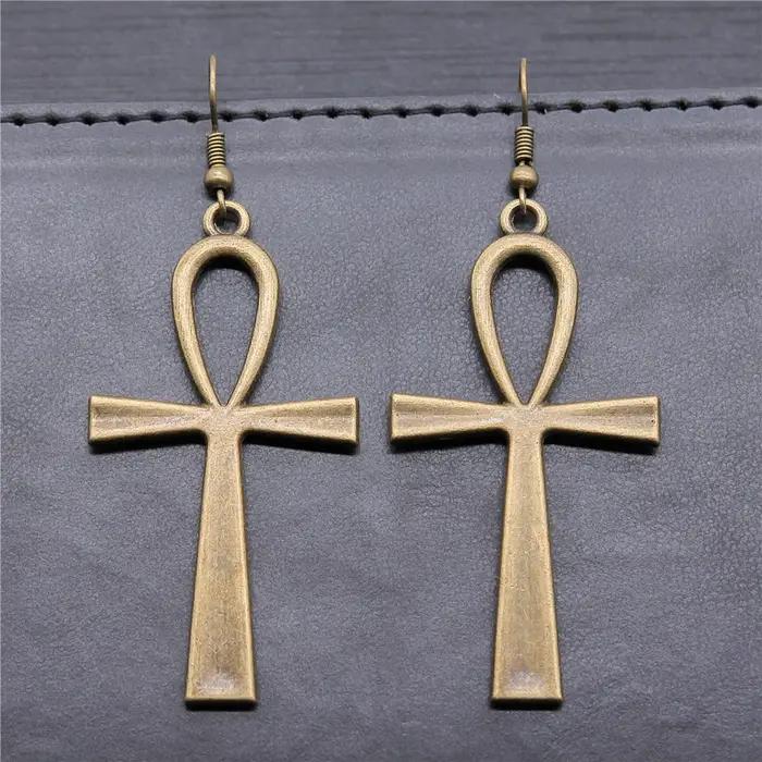Vintage 2 couleurs 52x28mm Ankh croix breloques boucles d'oreilles mode à la main femmes boucle d'or