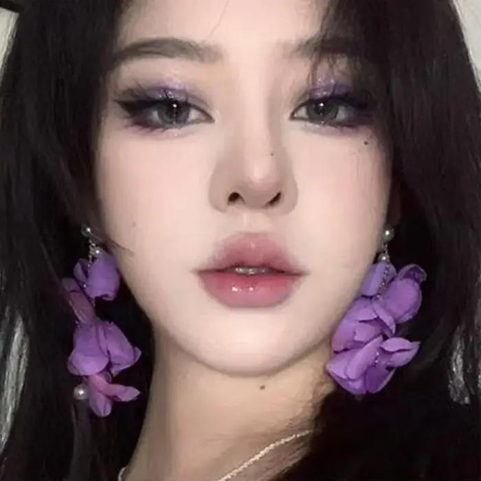 Boucles d'oreilles à clip longues en perles de fleurs violettes, ambiance vacances, style plage, bou