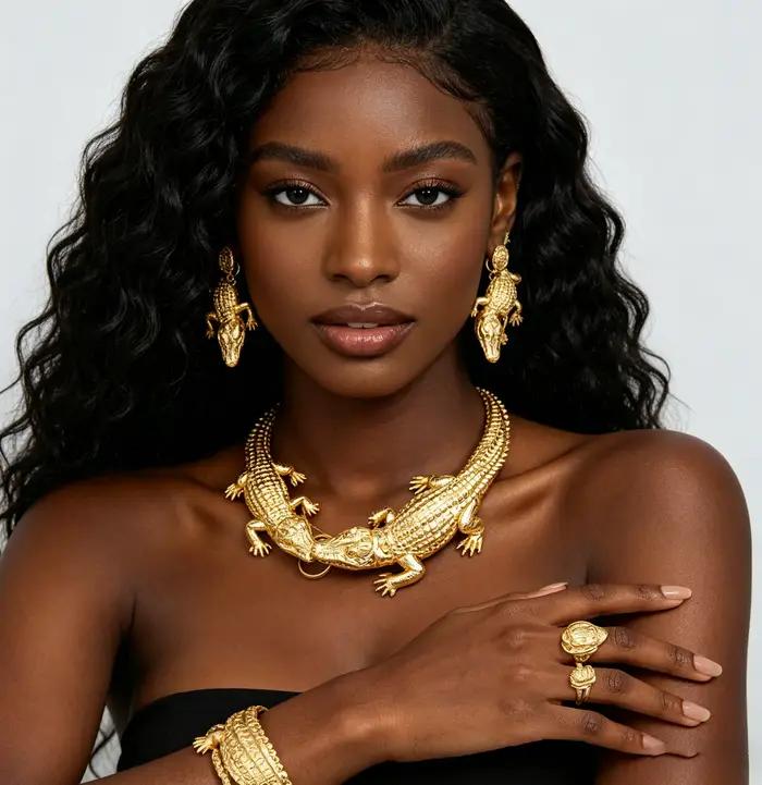 Bijoux d'Afrique en forme de crocodile pour femmes ensemble de bijoux plaqué or et rhodium pour soirées chic et mariages