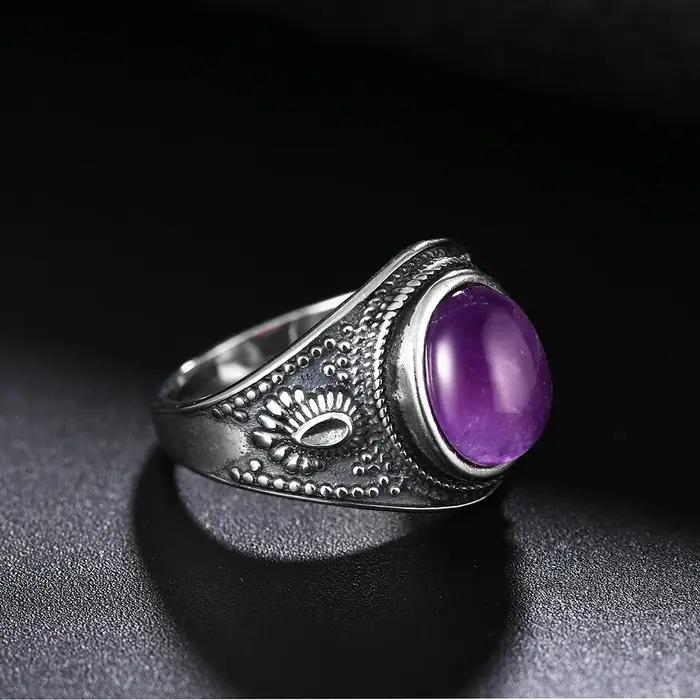Bague en argent naturel sertie d'améthyste pour femmes, style punk, cadeau d'anniversaire, mariage, engagement, bijou de qualité supérieure