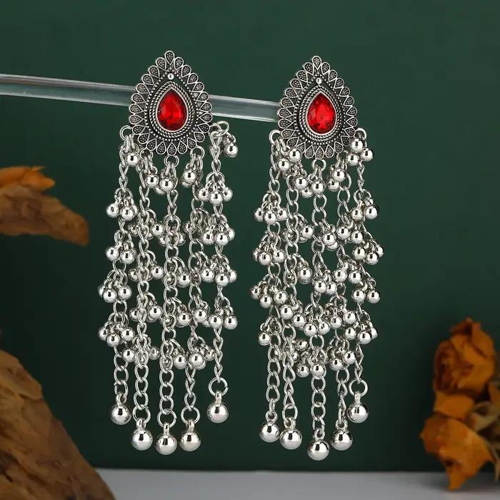 Boucles d'oreilles longues ethniques vintage pour femmes, luxe, zircon rouge, perles en forme de goutte d'eau, boucles d'oreilles à pampilles, esthétique, mariage, fiançailles, bijoux