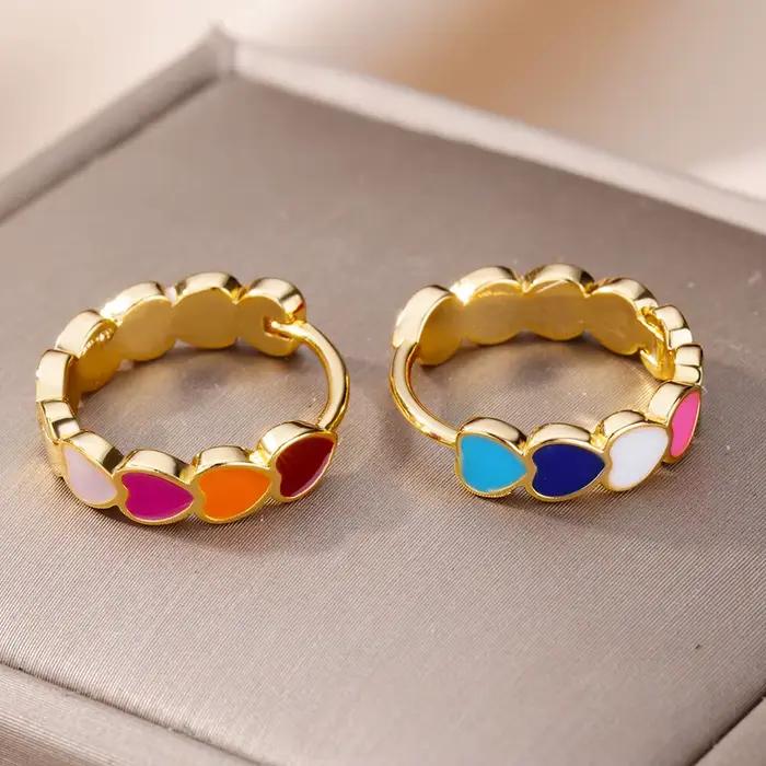 Boucles d'oreilles coeur pour femmes fille acier inoxydable émail multicolore géométrique cerceau boucle d'oreille doux accessoire Bijoux cadeau Bijoux Femme