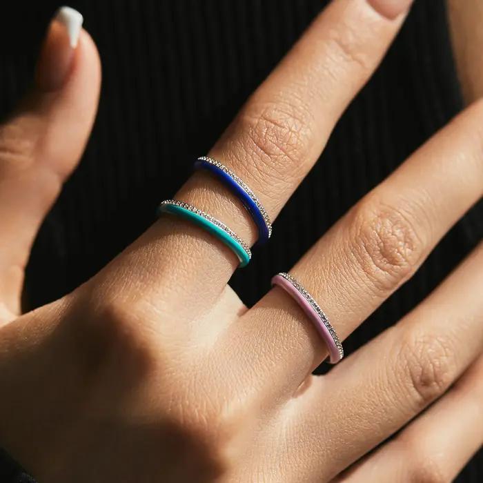 Bague en argent sterling 925 sertie de zirconium blanc et émail bleu pour femmes, bagues de fête empilables, bijoux finement travaillés, alliance de mariage pour occasions spéciales