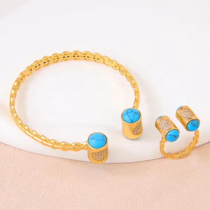 Ensemble de bagues et bracelets plaqués or arabe, couleur or 21 carats, mode italienne, manchette en