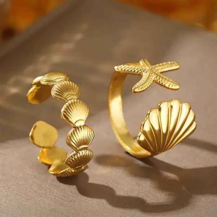 Anneau en acier inoxydable coquille d'étoile de mer vintage doré pour femmes et hommes occasions spéciales et cadeaux de fête sur la plage