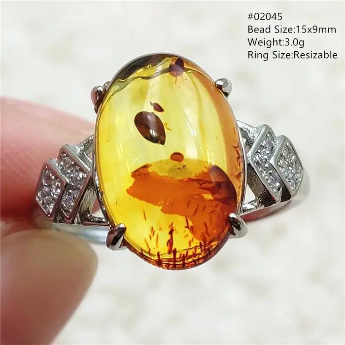 Bague réglable en ambre jaune Piebald naturel pour femme