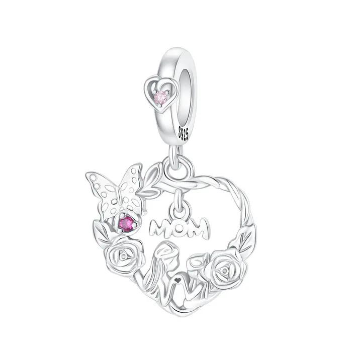 Breloque Cœur Mère-Fille en Argent Sterling 925, Pendentif Rose, Papillon, Couronne, Compatible Brac
