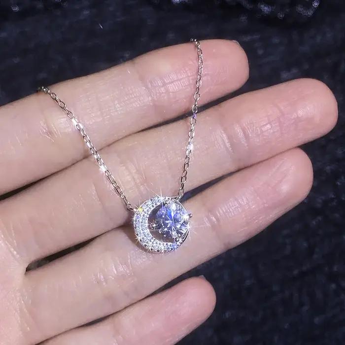 Collier étoile et lune en argent sterling S925 avec moissanite 1 carat, pendentif haut de gamme élég