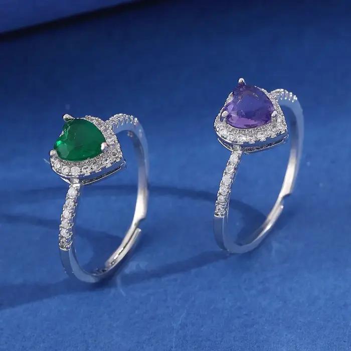 Bague de luxe en cristal de cœurs colorés pour femmes