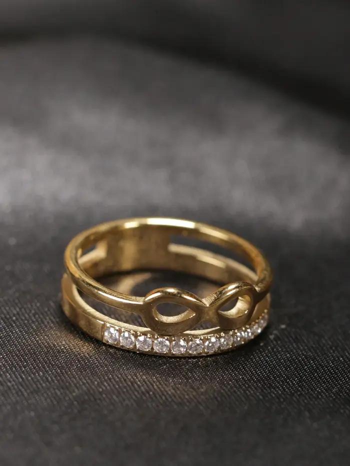 1 bague vintage coréenne en acier inoxydable à double couche avec une rangée de petits strass en for