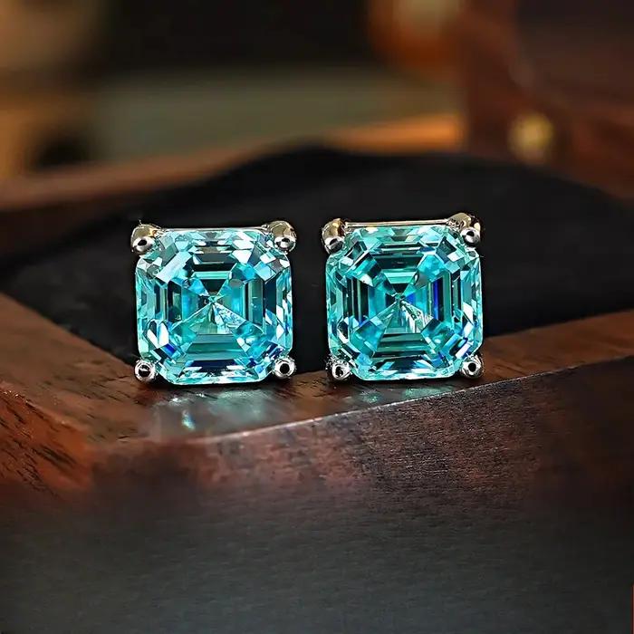 Boucles d'oreilles en argent 925, zircon bleu mer de 7mm, Asche Pagoda, petit carré, bonbon, petites et exquises, bijoux pour femmes