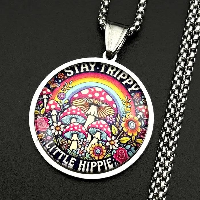 Collier Stay Trippy Little Hippie pour femmes et hommes, en acier inoxydable et verre, style punk go